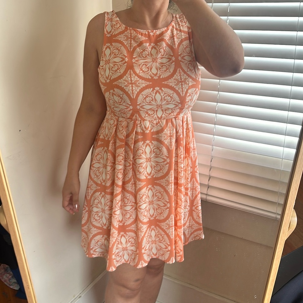 Striking Sleeveless A-Line Dress Orange White Geometric Pattern Fit & Flare